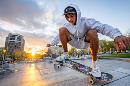 A teenage boy skateboarding in an urban park at sunset, under warm golden light, shot with a GoPro, performing a gravity-defying trick, ultrarealistic photo --ar 3:2 --raw --profile nk3i4wf --stylize 250 --v 7 Job ID: 33c322a7-5120-4f25-a9b4-58aba29bec5dの写真素材