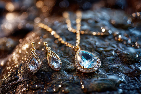 Gold necklace and earrings with blue gemstones on wet rocksの写真素材