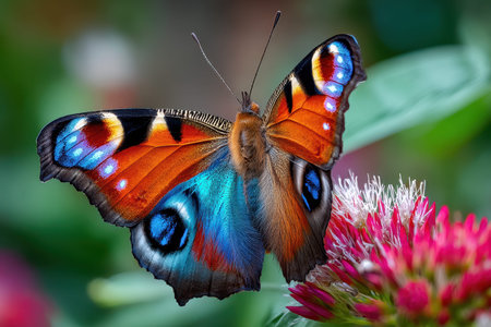 A close-up of a butterfly on a vibrant flower, under natural light, shot with a macro lens, highlighting the intricate beauty of natureの写真素材
