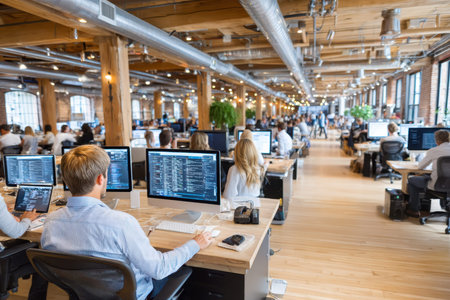 People work at computers in a busy, open plan officeの写真素材