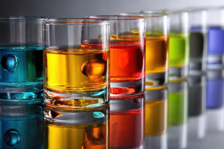 Brightly colored beverages are presented in clear glasses, reflecting hues against a sleek surface.の写真素材