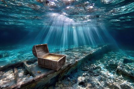A surreal, underwater shot of a sunken ship, taken with a wide-angle lens, creating a sense of haunting beauty and forgotten history, with a single beam of sunlight illuminating a treasure chestの写真素材