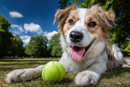 A happy dog lies on the grass in a park with a tennis ballの写真素材