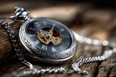 An antique silver pocket watch with intricate details rests on a piece of weathered woodの写真素材