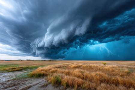 A dramatic thunderstorm over a desolate prairie, shot with a wide-angle lens, capturing the raw power and beauty of natureの写真素材