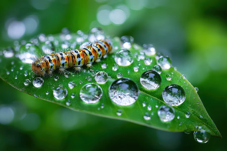 A colorful caterpillar crawls on a green leaf covered in sparkling dewdropsの写真素材