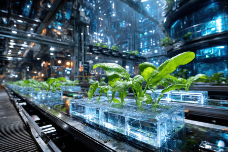 Green plants growing hydroponically inside a futuristic, high-tech factoryの写真素材