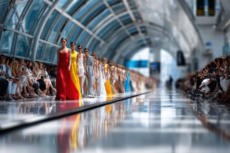 Fashion models walk the runway at a fashion show in a modern venueの写真素材