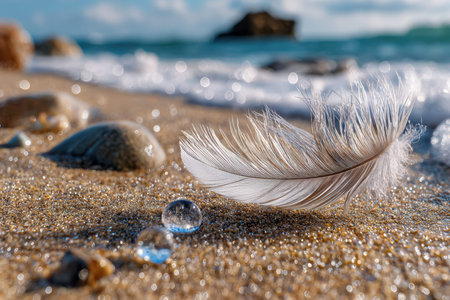 A white feather lies on wet sand near the oceanの写真素材
