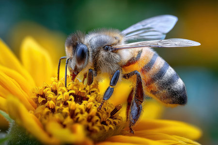 A bee collects pollen from the center of a vibrant yellow flowerの写真素材