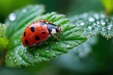 A ladybug with water droplets on its back rests on a dewy green leafの写真素材