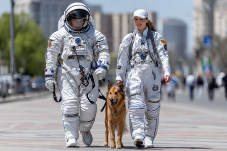 Two astronauts in spacesuits stroll with a dog on a vibrant city street, showcasing a unique urban experience.の写真素材