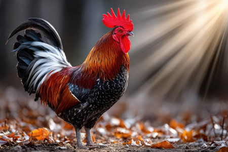 A vibrant rooster displays its plumage against a backdrop of autumn leaves while sunlight filters through.の写真素材