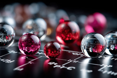 Colorful glass spheres rest on a dark surface with scientific notationの写真素材