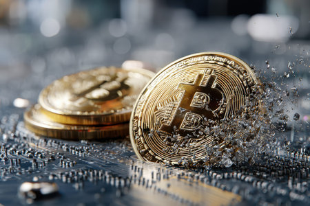 Golden bitcoin coins lie on a circuit board, symbolizing the rise of digital currencies and technology.の写真素材