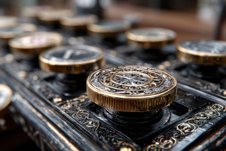 Close-up of a vintage cash register, featuring ornate designs and metallic buttons, highlighting fine craftsmanship.の写真素材