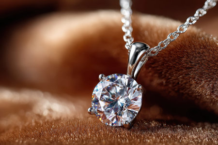 A sparkling diamond pendant rests on a soft, textured, brown backgroundの写真素材