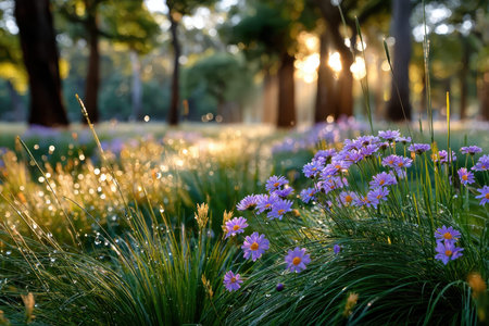 Purple wildflowers bloom in dewy grass at sunrise in a peaceful meadowの写真素材
