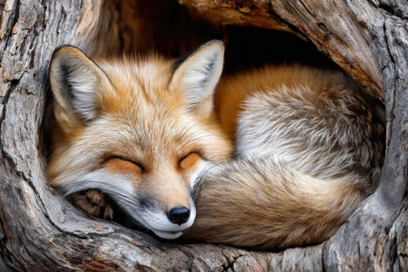 A red fox rests peacefully in a tree hollow, enjoying the warmth of a sunny afternoon, with eyes closed.の写真素材