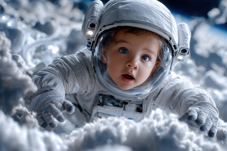 A child dressed as an astronaut crawls through fluffy clouds, gazing in wonder at the vastness of space.の写真素材