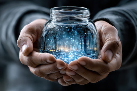 Two hands gently cradle a glass jar filled with an enchanting miniature forest glowing at dusk.の写真素材