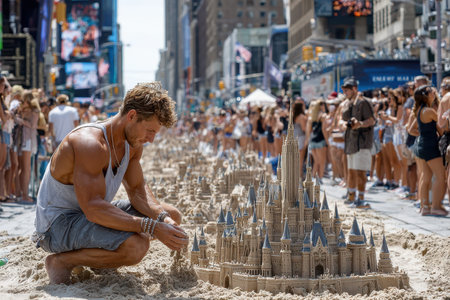 Crowds gather in Times Square as a sand artist meticulously builds an impressive castle structure.の写真素材