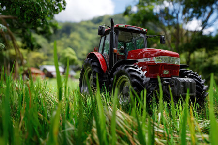 A vibrant red tractor is set among tall grass in a sunny rural area, highlighting agricultural activity and nature.の写真素材