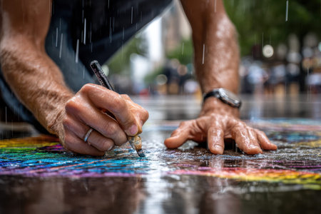 An artists hands create vibrant chalk art on a wet pavementの写真素材