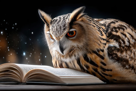 An owl rests on a book as stars twinkle in the dark sky, creating a mystical ambience.の写真素材