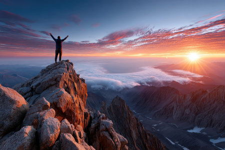A hiker stands on a mountain peak at sunrise above the cloudsの写真素材