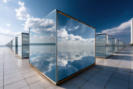Glass cubes reflect the sky and clouds, creating a visual harmony in a waterfront setting during midday.の写真素材