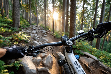 A cyclist rides a mountain bike on a rocky forest trail at sunriseの写真素材