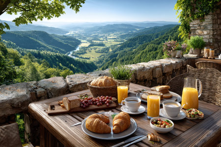 Guests enjoy a delicious breakfast overlooking the lush valley under a clear blue sky.の写真素材