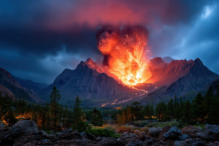 A volcano erupts at twilight, spewing lava and smokeの写真素材
