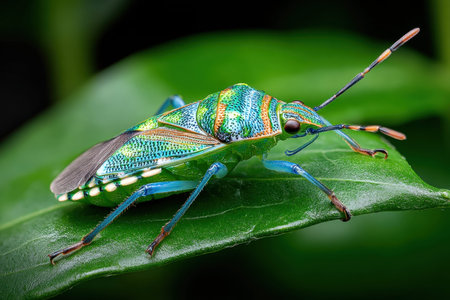A vibrant jewel bug rests on a bright green leafの写真素材