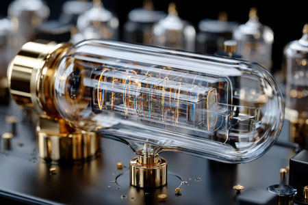 Close-up view of a vintage vacuum tube showing intricate inner components and warm glowing lights.の写真素材