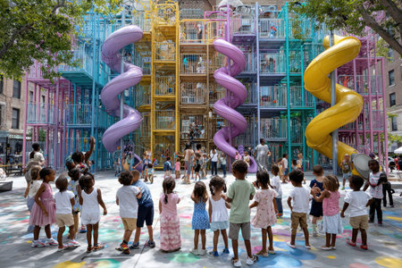 A lively group of children engages in play around bright, spiraled slides in a vibrant city playground.の写真素材