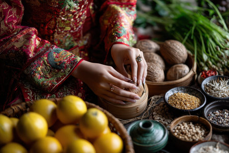 A woman's hands skillfully prepare traditional delicacies using vibrant ingredients and fresh produce.の写真素材