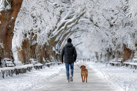 A person enjoys a winter stroll with a dog along a snow-covered pathway surrounded by frosty trees.の写真素材