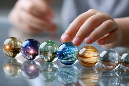 A child's hand carefully places decorative glass orbs in a line, showing vibrant cosmic designs.の写真素材