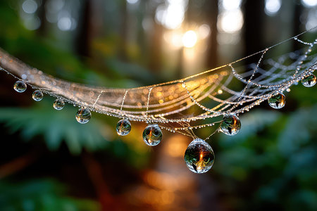 A close-up of a dew-kissed spider web in a forest at dawn, shot with a macro lens, showing the intricate beauty of natureの写真素材