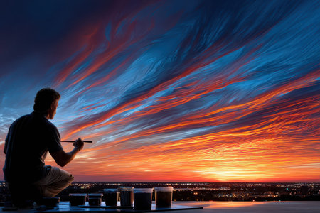 An artist sits peacefully, painting a stunning sunset blending orange and blue hues over a bustling city.の写真素材