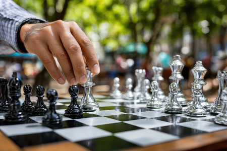 A hand moves a chess piece on a board in a lively park full of trees and people engaging in leisure activities.の写真素材