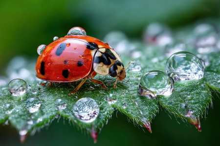 A ladybug sits on a leaf covered in glistening dewdropsの写真素材