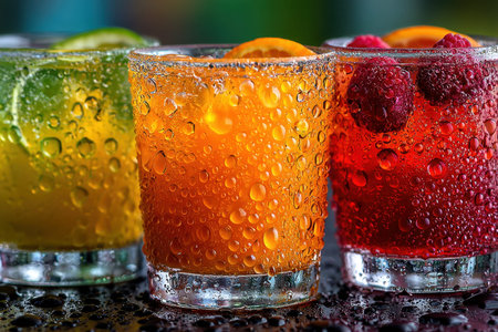 Closeup of colorful drinks with condensation and fruitの写真素材