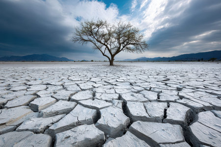 A solitary tree stands amidst a vast dry lakebed, cracked earth reflecting an impending stormy sky.の写真素材