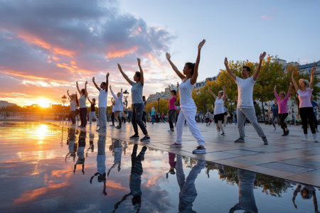 Dancers perform synchronously during sunset, reflecting in water with an urban backdrop.の写真素材