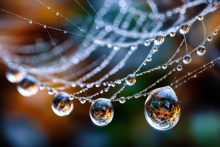 Closeup of water droplets on a spider webの写真素材