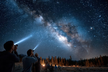 People gather around a campfire, looking up at the Milky Way in the night skyの写真素材