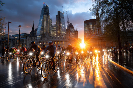 A group of cyclists navigate a reflective city street in London as the sun sets, glowing among skyscrapers.の写真素材